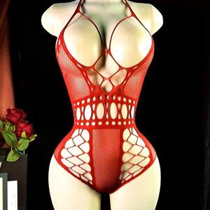 Sexy Fishnet Bodysuit Teddy Red Hollow Out Lingerie Halter Stretchy Role play